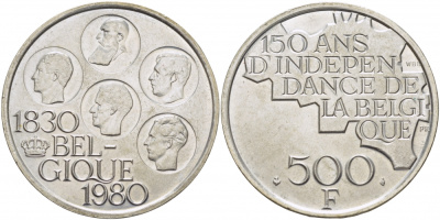 Бельгия 500 франков 1980 150 лет независимости, Belgique, Бодуэн I (1951-1993) KM 161 медно-никель покрытый серебром 107-314