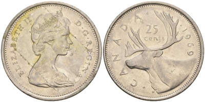 Канада 25 центов 1969 Елизавета II (1952-2022), олень KM 62 b никель 4605-715