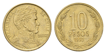 Чили 10 песо 1993 KM 228.2 алюминиевая бронза 188-943