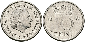 НИДЕРЛАНДЫ 10 ЦЕНТОВ 1968 ЮЛИАНА KM 182 никель 96-436