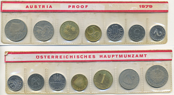 Австрия набор из 7 монет  1979  2, 5, 10, 50 грошей, 1, 5, 10 шиллингов, в целлофане KM PS 39 PROOF 4399-8-3