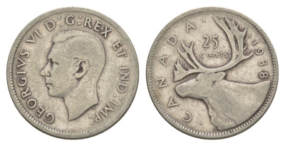 Канада 25 центов 1938 Георг V (1910-1936), олень KM 35 серебро 73-1217