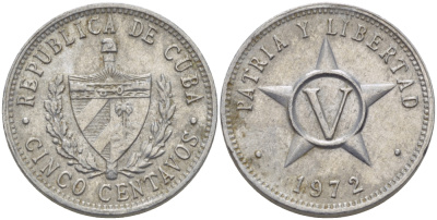 Куба 5 сентаво 1972 звезда, вторая республика (1962- ) KM 34 алюминий 67-1051