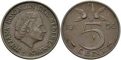 НИДЕРЛАНДЫ 5 ЦЕНТОВ 1956 ЮЛИАНА KM 181 бронза 95-323