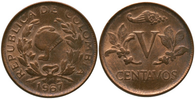 Колумбия 5 сентаво 1967 KM 206a, Schon 27a, Hernandez 384, Restrepo 372.1 сталь плакированная медью 4576-1251