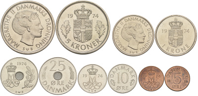 Дания набор из 5 монет 1974 Маргрете II (5, 10, 25 эре, 1 и 5 крон) UNC 5-4-3-61