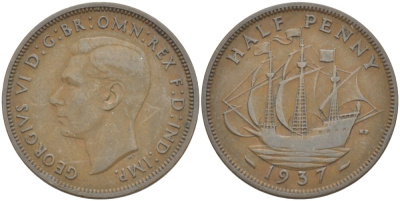 Великобритания 1/2 пенни 1937 Георг VI (1936-1952) KM 844, Spink 4115 бронза 4514-1244