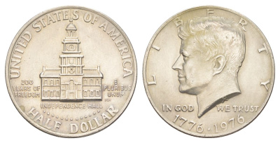 США 1/2 доллара (50 центов) 1976 200 лет независимости, Джон Кеннеди KM 205 медь плакированная медно-никелем aUNC 4545-233