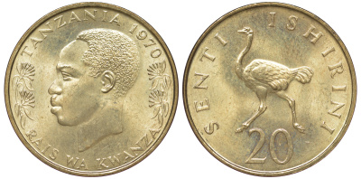 Танзания 20 центов 1970 KM 2 никель латунь UNC 4519-841