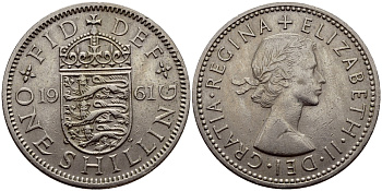 Великобритания 1 шиллинг 1961 Елизавета II (1952-2022), Английский герб KM 904, Spink 4147 медно-никель 75-712