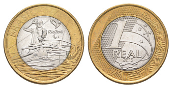 Бразилия 1 реал 2015 XV летние Паралимпийские игры, Рио-де-Жанейро 2016 - Параканоэ KM 706 биметалл UNC 4646-153