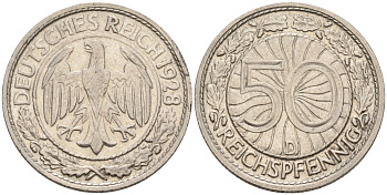 Германия 50 рейхспфеннигов 1928 D KM 49, J. 324 никель 4151-1239