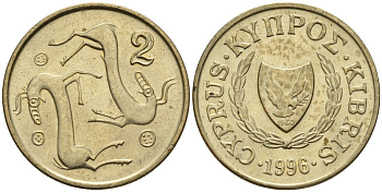 Кипр 2 цента 1996 KM 54.3 никель латунь 4596-117