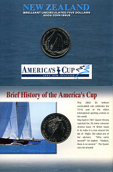 Новая Зеландия 5 долларов 2002 Регата - Кубок Америки, оригинальный блистер KM 272 медно-никель UNC 3-4-6-22