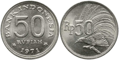 Индонезия 50 рупий 1971 райская птица KM 35 медно-никель UNC 110-626