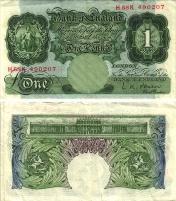 АНГЛИЯ 1 ФУНТ 1955-1960 ЗЕЛЕНЫЙ, ПОДПИСЬ L.K. O'BRIEN Pick 369с бумага VF 7218-35-3