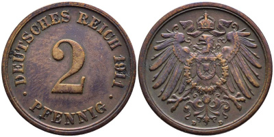 ГЕРМАНИЯ 2 ПФЕННИГА 1911 D KM 16, Jager 11, Weege 4 медь 4546-712