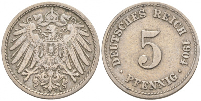 ГЕРМАНИЯ 5 ПФЕННИГОВ 1904 A, KM 11, J. 12 медно-никель 73-1752