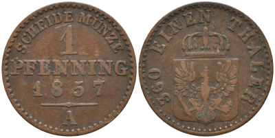 Пруссия 1 пфенниг 1857 A, Фридрих Вильгельм IV (1840-1861) KM 451 медь 4532-268