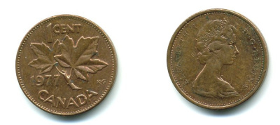Канада 1 цент 1977 Елизавета II (1952-2022), кленовый лист KM 59.1 бронза 540-741