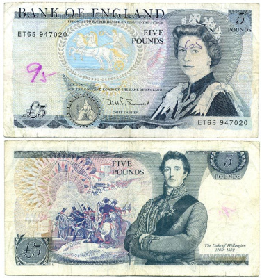 АНГЛИЯ 5 ФУНТОВ 1984-1986 ПОДПИСЬ H.D.F. SOMERSET, БУКВА L Pick 378c бумага 7218-30-1