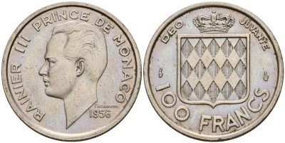 Монако 100 франков 1956 Ренье III (1949-2005) KM 134 медно-никель 4601-932