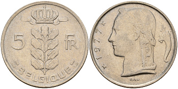 Бельгия 5 франков 1977 Belgique KM 134.1 медно-никель  UNC  4187-244
