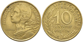 ФРАНЦИЯ 10 САНТИМОВ 1968 ТИП MARIANNE KM 929, LE FRANC 144.8 алюминиевая бронза 116-425