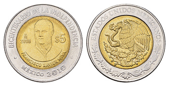 Мексика 5 песо 2008 Двухсотлетие независимости - Франсиско Хавьер Мина KM 898 биметалл UNC 216-1135