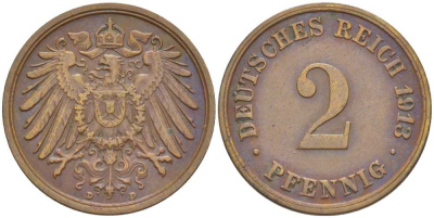 Германия 2 пфеннига 1913 D KM 16, J. 11, Weege 4 медь 206-636
