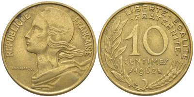 ФРАНЦИЯ 10 САНТИМОВ 1968 ТИП MARIANNE KM 929, LE FRANC 144.8 алюминиевая бронза 116-425