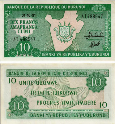 Бурунди 10 франков 1991 карта Бурунди Pick 33b бумага UNC (пресс) 7523-36-3-1