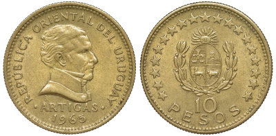 Уругвай 10 песо 1965 KM 48 алюминиевая бронза 4574-944