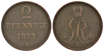 ГАННОВЕР 2 ПФЕННИГА 1853 KM 217, AKS 152, Jaeger 84 медь 413-2924