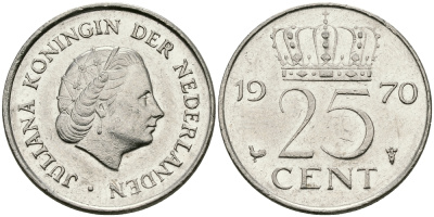 НИДЕРЛАНДЫ 25 ЦЕНТОВ 1970 ЮЛИАНА KM 183 никель 96-221