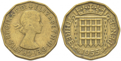Великобритания 3 пенса 1955 Елизавета II (1952-2022) KM 900, Spink 4153 никель латунь 212-1241