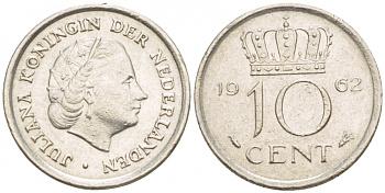 НИДЕРЛАНДЫ 10 ЦЕНТОВ 1962 ЮЛИАНА KM 182 никель 4547-834