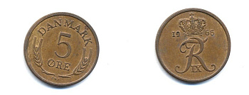 ДАНИЯ 5 ЭРЕ 1965 C; S, ФРЕДЕРИК IX (1947-1972) KM 848.1 бронза 4379-1017