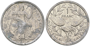 Французская Новая Каледония 1 франк 1985 птица кагу, (IEOM) KM 10, Schoen 10, Lec 47 алюминий 51-2943