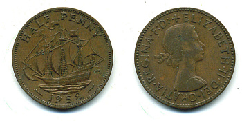 Великобритания 1/2 пенни 1958 Елизавета II (1952-2022) KM 896, Spink 4158 бронза 4383-1041