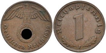 Германия 1 рейхспфенниг 1938 F KM 89, J 361 бронза 4136-1162