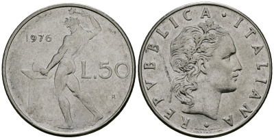 Италия 50 лир 1976 R, бог огня Вулкан у наковальни KM 95.1 нержавеющая сталь 4138-616