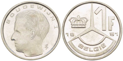 БЕЛЬГИЯ 1 ФРАНК 1991 BELGIE, БОДУЭН I (1951-1993) KM 171 железо плакированное никелем 3851-1048