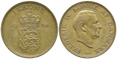 ДАНИЯ 1 КРОНА 1954 N; S, ФРЕДЕРИК IX (1947-1972) KM 837.1 алюминиевая бронза 32-315