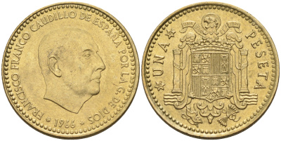 ИСПАНИЯ 1 ПЕСЕТА 1966 (72) ХУАН КАРЛОС I (1975-) KM 796 алюминиевая бронза 4126-834