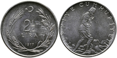 ТУРЦИЯ 2 1/2 ЛИРЫ 1977 KM 893.2 нержавеющая сталь 29-715