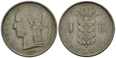 Бельгия 1 франк 1952 Belgie, Бодуэн I (1951-1993) KM 143.1 медно-никель 4172-534