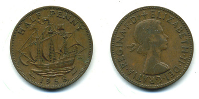 Великобритания 1/2 пенни 1958 Елизавета II (1952-2022) KM 896, Spink 4158 бронза 4383-1041