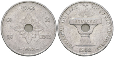 Лаос 50 центов 1952 король Сисаванг Вонг (1904-1959), книга KM 6 алюминий 4593-522
