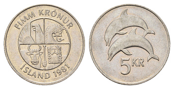 Исландия 5 крон 1981 дельфины KM 28 медно-никель 4691-355